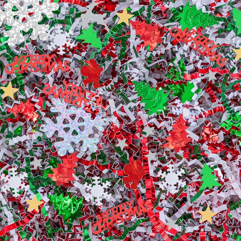 CIPOWM 16oz Christmas Crinkle Cut Paper Shred, 3 Colors Red Green White Paper Shred Filler with Christmas Confetti Shredded Paper Grass for Gift Wrapping Craft DIY Gift Bag Box Filling Party Supply - Image 1